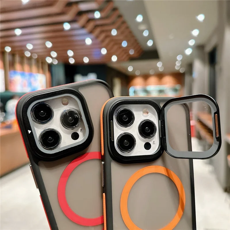 Für iPhone 15 Pro Magnetische Hülle mit Skin-Touch TPU Acryl Rückseite mit Objektivschutz und Ständer - Orange