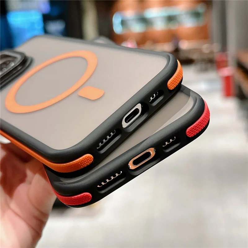 Für iPhone 15 Pro Magnetische Hülle mit Skin-Touch TPU Acryl Rückseite mit Objektivschutz und Ständer - Orange
