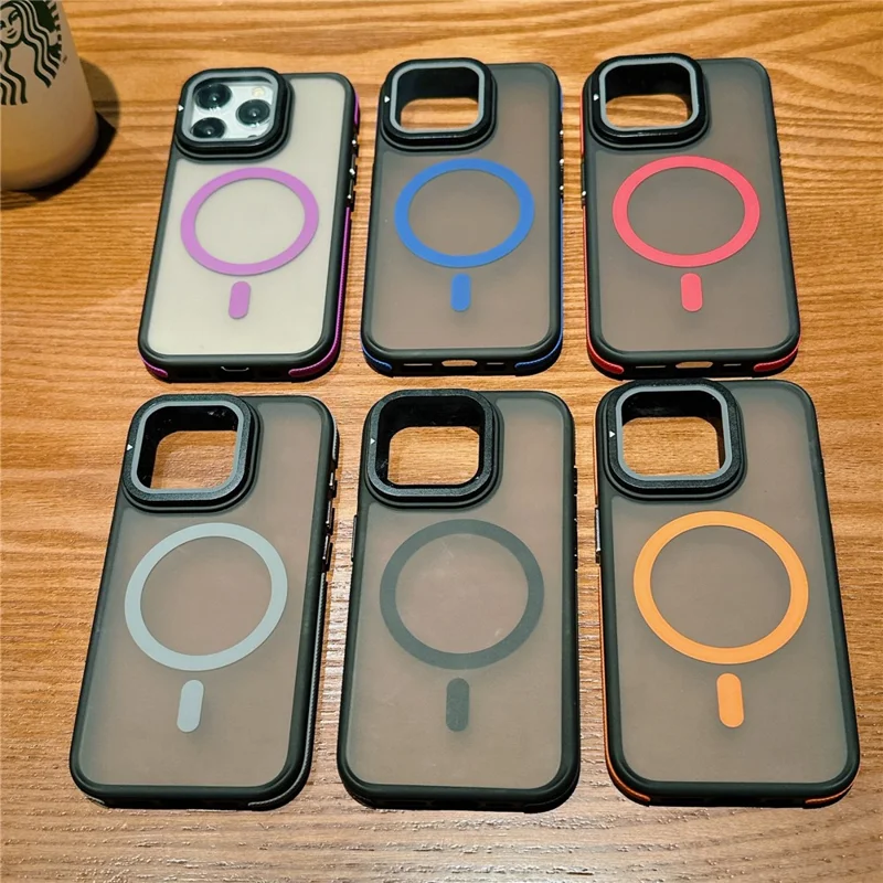 Für iPhone 15 Pro Magnetische Hülle mit Skin-Touch TPU Acryl Rückseite mit Objektivschutz und Ständer - Orange