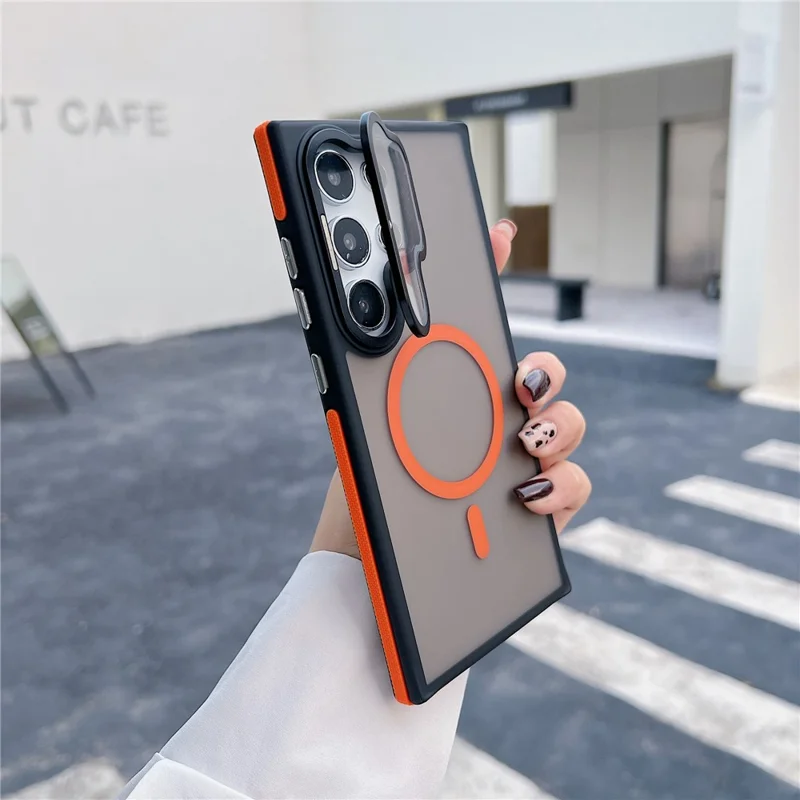 For Samsung Galaxy S24 Ultra Magnetic Case Skin-Touch TPU Acrylic Phone Back Cover with Lens Protector Kickstand - Orange