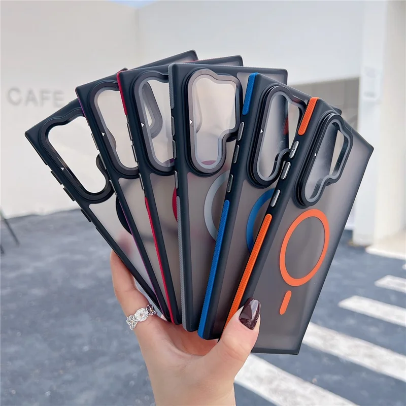 For Samsung Galaxy S24 Ultra Magnetic Case Skin-Touch TPU Acrylic Phone Back Cover with Lens Protector Kickstand - Orange