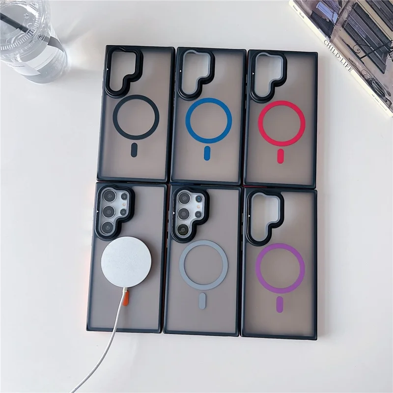 For Samsung Galaxy S24 Ultra Magnetic Case Skin-Touch TPU Acrylic Phone Back Cover with Lens Protector Kickstand - Orange