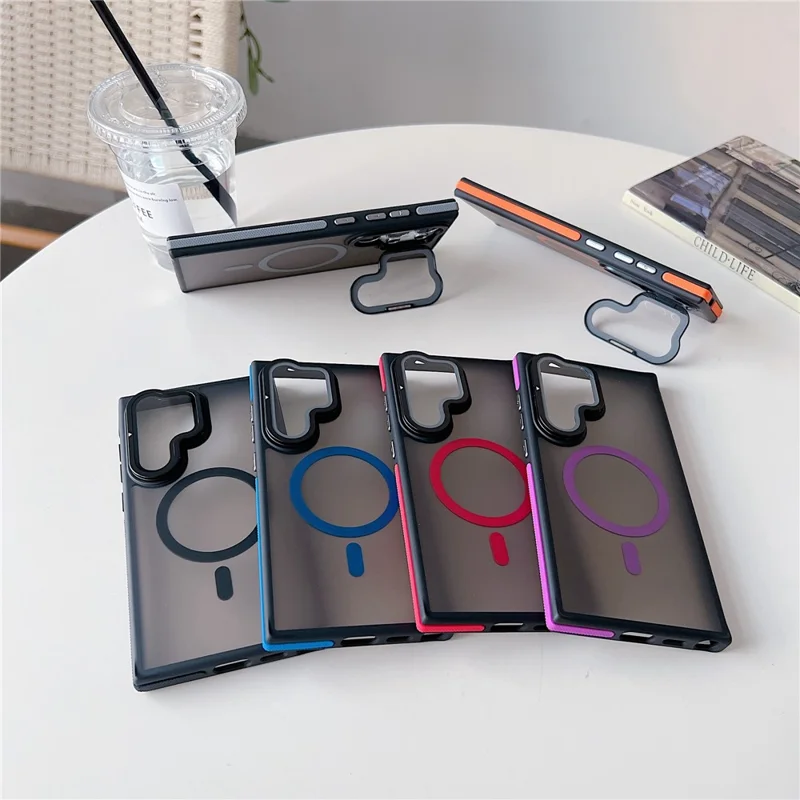 For Samsung Galaxy S24 Ultra Magnetic Case Skin-Touch TPU Acrylic Phone Back Cover with Lens Protector Kickstand - Orange