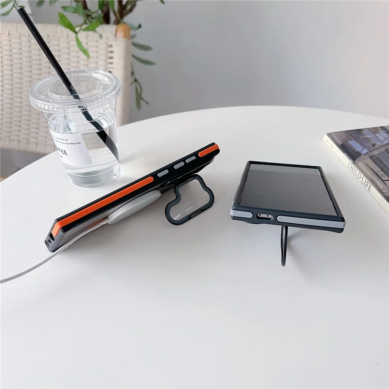For Samsung Galaxy S24 Ultra Magnetic Case Skin-Touch TPU Acrylic Phone Back Cover with Lens Protector Kickstand - Orange