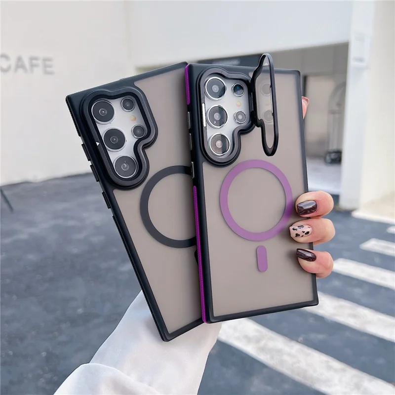 For Samsung Galaxy S24 Ultra Magnetic Case Skin-Touch TPU Acrylic Phone Back Cover with Lens Protector Kickstand - Orange
