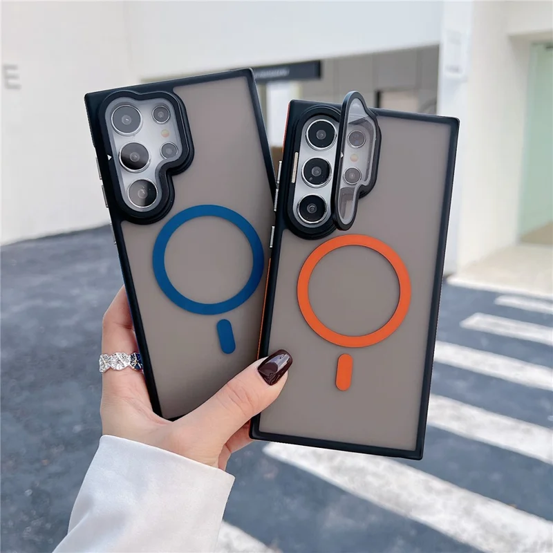 For Samsung Galaxy S24 Ultra Magnetic Case Skin-Touch TPU Acrylic Phone Back Cover with Lens Protector Kickstand - Orange