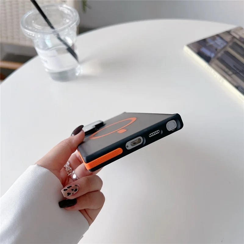 For Samsung Galaxy S24 Ultra Magnetic Case Skin-Touch TPU Acrylic Phone Back Cover with Lens Protector Kickstand - Orange