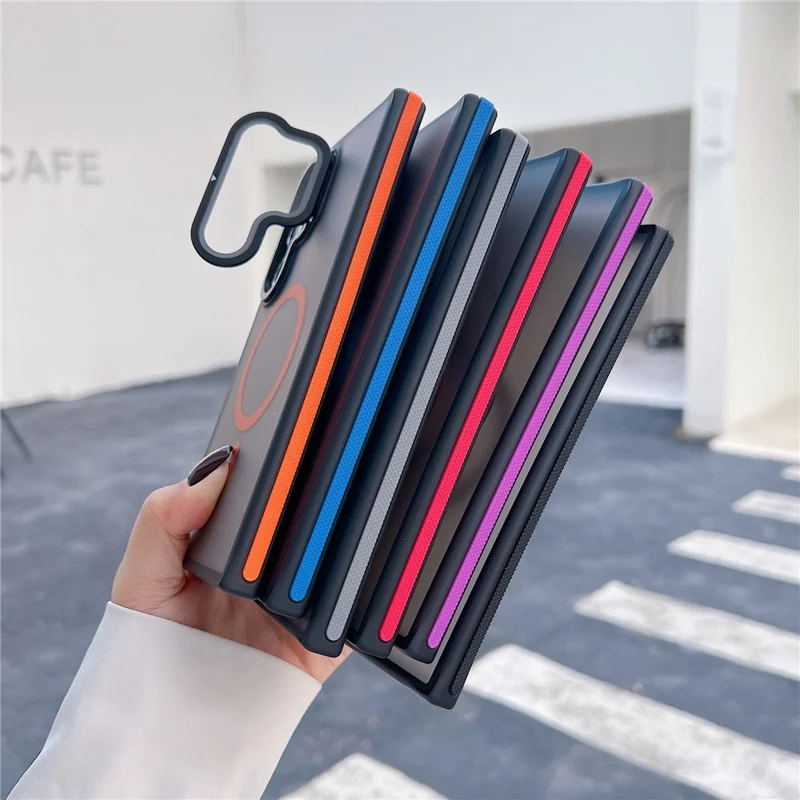 For Samsung Galaxy S24 Ultra Magnetic Case Skin-Touch TPU Acrylic Phone Back Cover with Lens Protector Kickstand - Orange