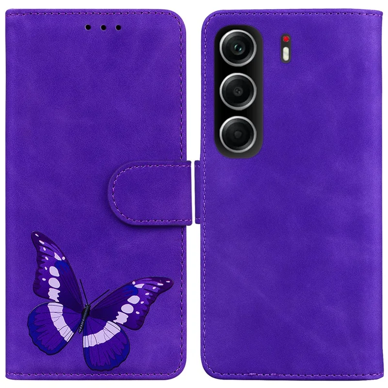 Cover per TECNO Camon 40 4G con Supporto in Pelle PU - Stampa Farfalle - Viola