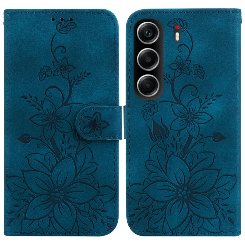 For TECNO Camon 40 4G Stand Case Lily Flower Imprint Leather Phone Cover with Wrist Strap - Dark Blue