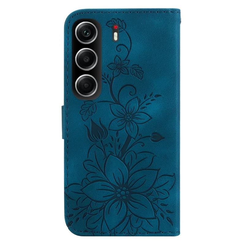 For TECNO Camon 40 4G Stand Case Lily Flower Imprint Leather Phone Cover with Wrist Strap - Dark Blue