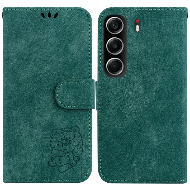 For TECNO Camon 40 4G Wallet Case Tiger Imprint Leather Shockproof Phone Cover with Wrist Strap - Green