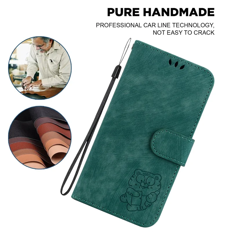 For TECNO Camon 40 4G Wallet Case Tiger Imprint Leather Shockproof Phone Cover with Wrist Strap - Green