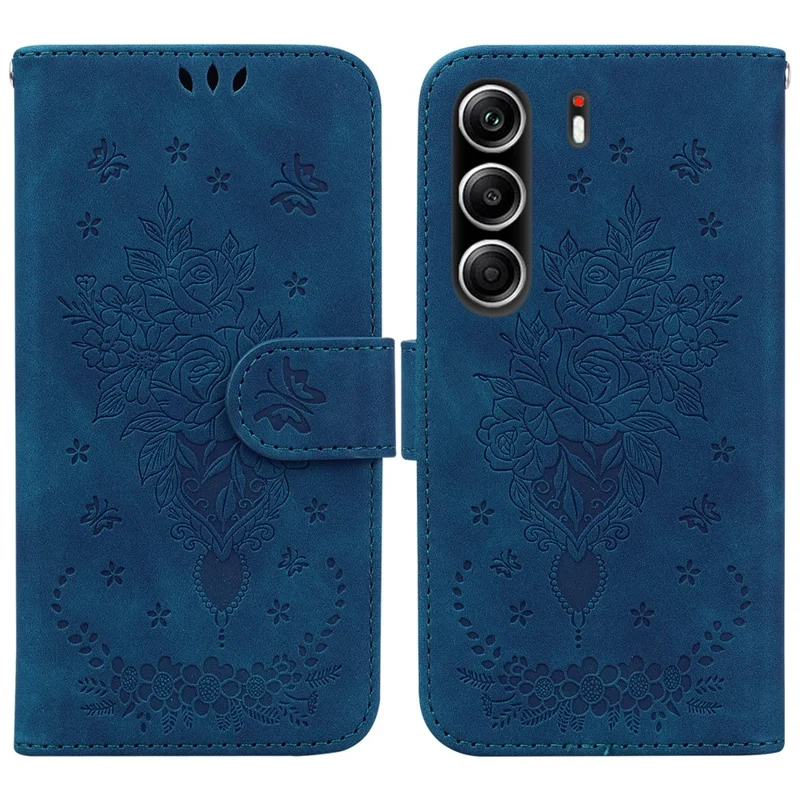 Cover per TECNO Camon 40 Pro 5G / 4G con Farfalla e Fiori Stampati in Pelle PU con Portafogli e Cinturino - Blu