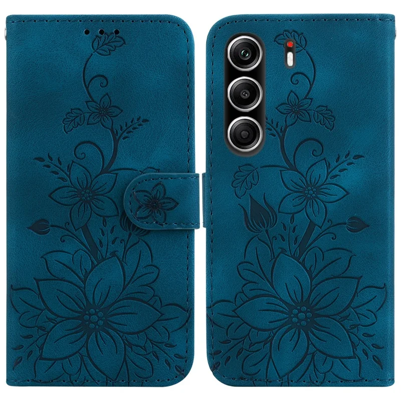 Per TECNO Camon 40 Pro 5G / 4G Custodia a Libro con Stampa di Fiore di Giglio in Pelle, Cinturino da Polso - Blu Scuro