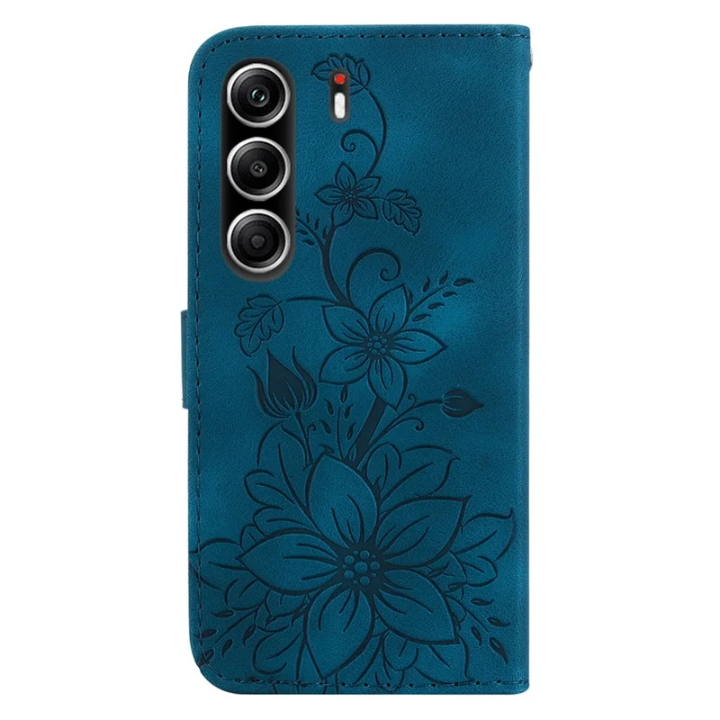 Per TECNO Camon 40 Pro 5G / 4G Custodia a Libro con Stampa di Fiore di Giglio in Pelle, Cinturino da Polso - Blu Scuro