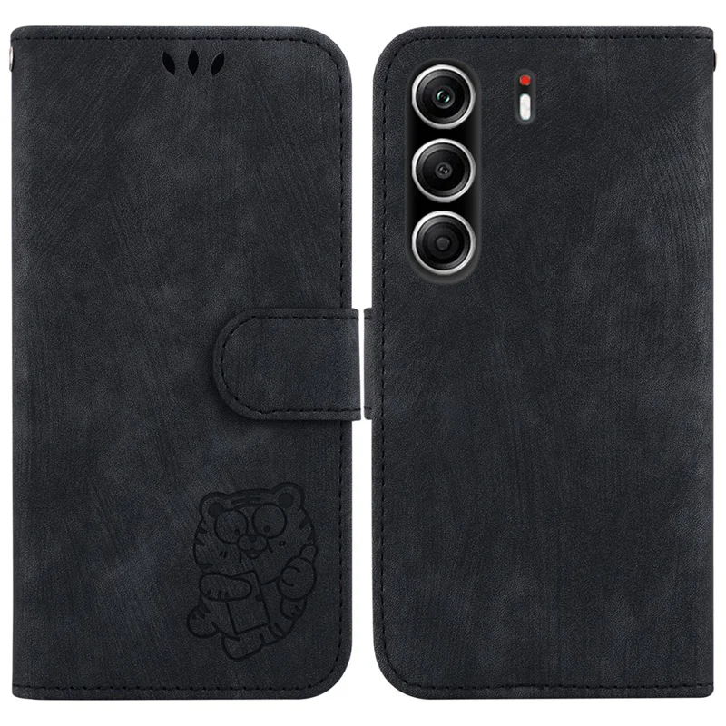 TECNO Camon 40 Pro 5G / 4G Leder-Geldbörsen-Hülle mit Tiger-Prägung, stoßfest, mit Handschlaufe - Schwarz