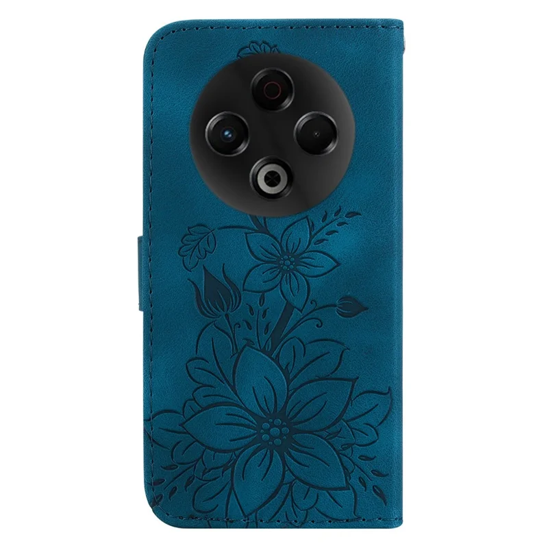 Capa de Couro para TECNO Spark 30 4G com Estampa de Flor de Lírio e Alça de Pulso - Azul Escuro
