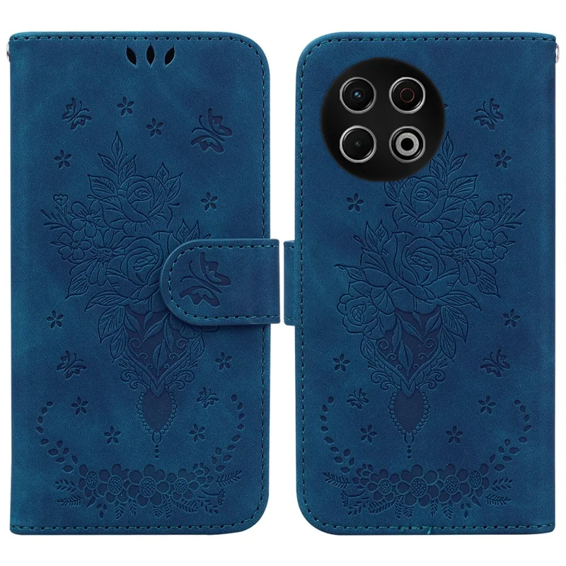 Für TECNO Spark 30 Pro 4G Hülle Schmetterling Blume Prägung PU-Leder Geldbörse Handyhülle mit Trageriemen - Blau