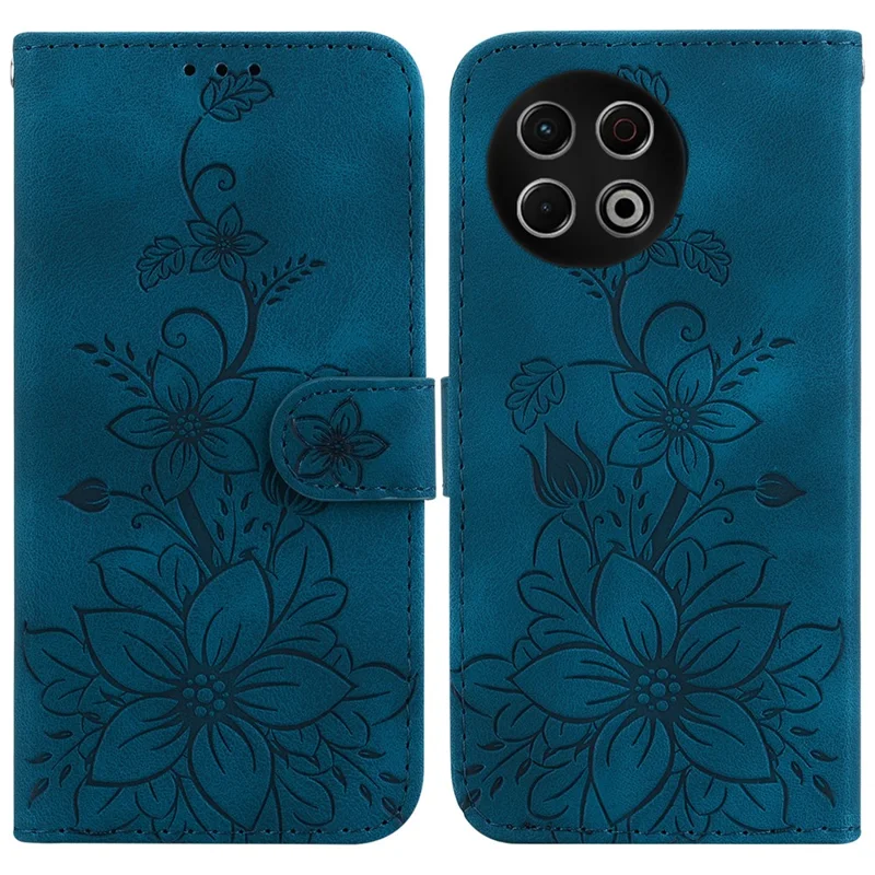 Für TECNO Spark 30 Pro 4G Standcase Lilien-Blumen-Prägung Leder Handyhülle mit Handschlaufe - Dunkelblau