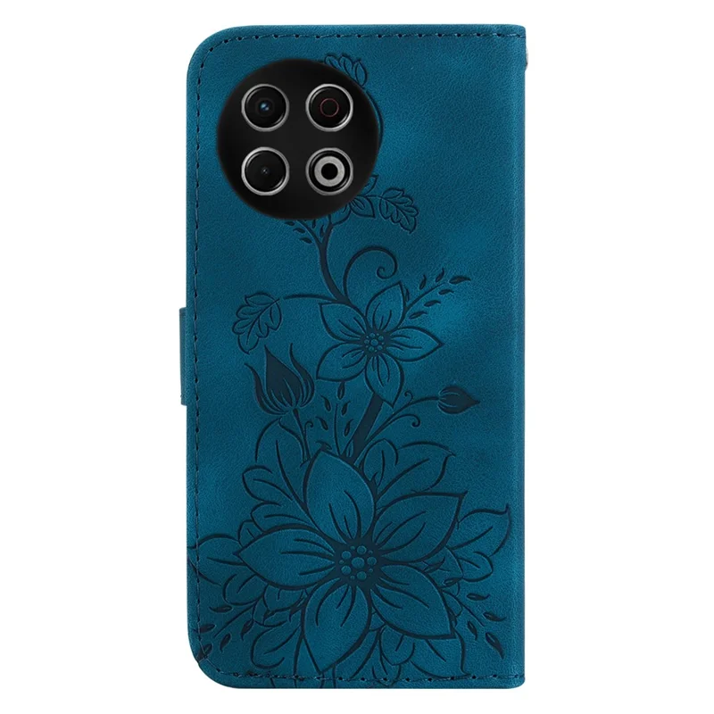 Für TECNO Spark 30 Pro 4G Standcase Lilien-Blumen-Prägung Leder Handyhülle mit Handschlaufe - Dunkelblau