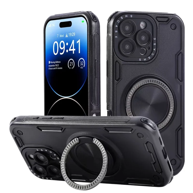For iPhone 16 Pro Case Ring Kickstand PC + TPU Shockproof Phone Back Cover - Black