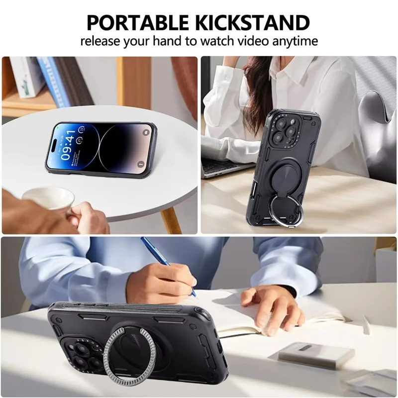 For iPhone 16 Pro Case Ring Kickstand PC + TPU Shockproof Phone Back Cover - Black
