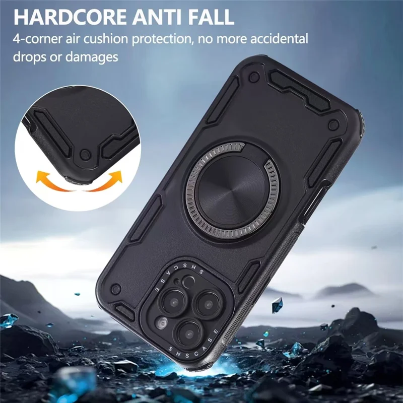 For iPhone 16 Pro Case Ring Kickstand PC + TPU Shockproof Phone Back Cover - Black
