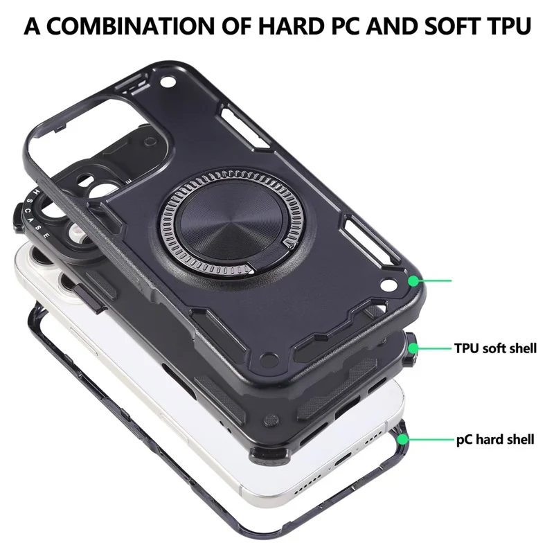 For iPhone 16 Pro Case Ring Kickstand PC + TPU Shockproof Phone Back Cover - Black