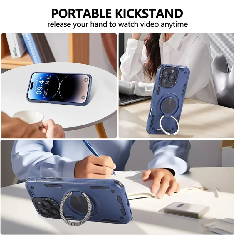 For iPhone 16 Pro Case Ring Kickstand PC + TPU Shockproof Phone Back Cover - Blue