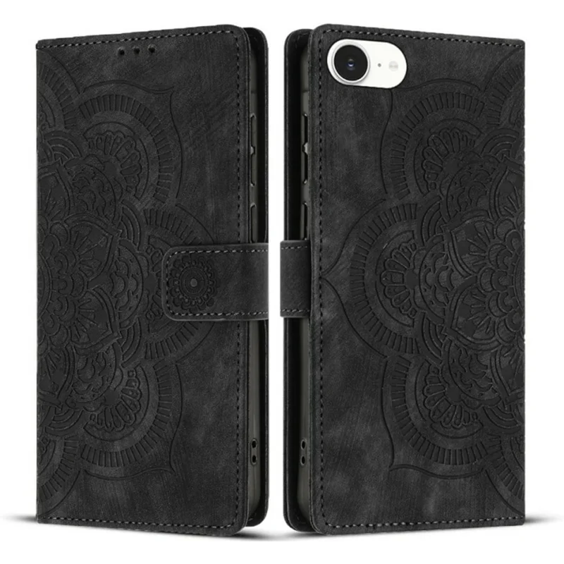 WANLONFENG HDM Series For iPhone 16e Leather Case Mandala Imprint Wallet Stand Phone Cover - Black