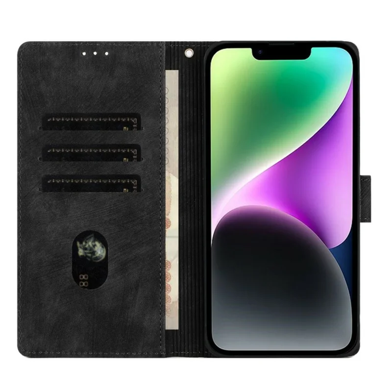 WANLONFENG HDM Series For iPhone 16e Leather Case Mandala Imprint Wallet Stand Phone Cover - Black