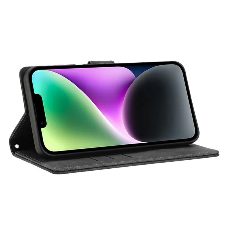 WANLONFENG HDM Series For iPhone 16e Leather Case Mandala Imprint Wallet Stand Phone Cover - Black