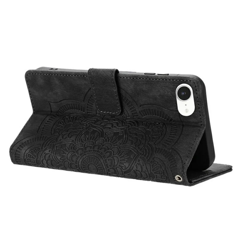 WANLONFENG HDM Series For iPhone 16e Leather Case Mandala Imprint Wallet Stand Phone Cover - Black