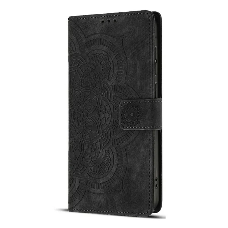 WANLONFENG HDM Series For iPhone 16e Leather Case Mandala Imprint Wallet Stand Phone Cover - Black