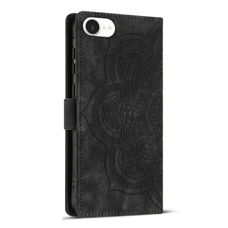 WANLONFENG HDM Series For iPhone 16e Leather Case Mandala Imprint Wallet Stand Phone Cover - Black
