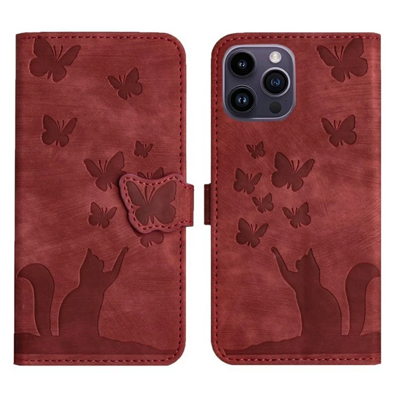 WANLONFENG HDM Series For iPhone 16 Pro Max Case Butterfly Cat Pattern Leather Flip Phone Cover - Wine Red