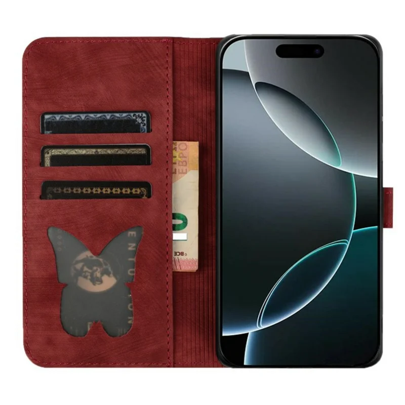 WANLONFENG HDM Series For iPhone 16 Pro Max Case Butterfly Cat Pattern Leather Flip Phone Cover - Wine Red