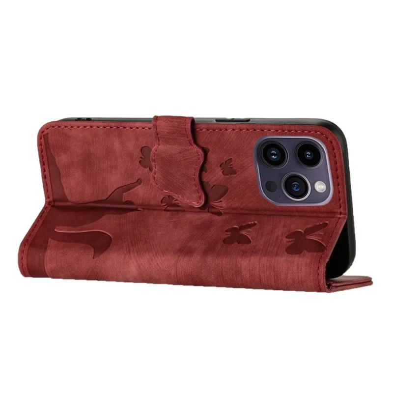 WANLONFENG HDM Series For iPhone 16 Pro Max Case Butterfly Cat Pattern Leather Flip Phone Cover - Wine Red