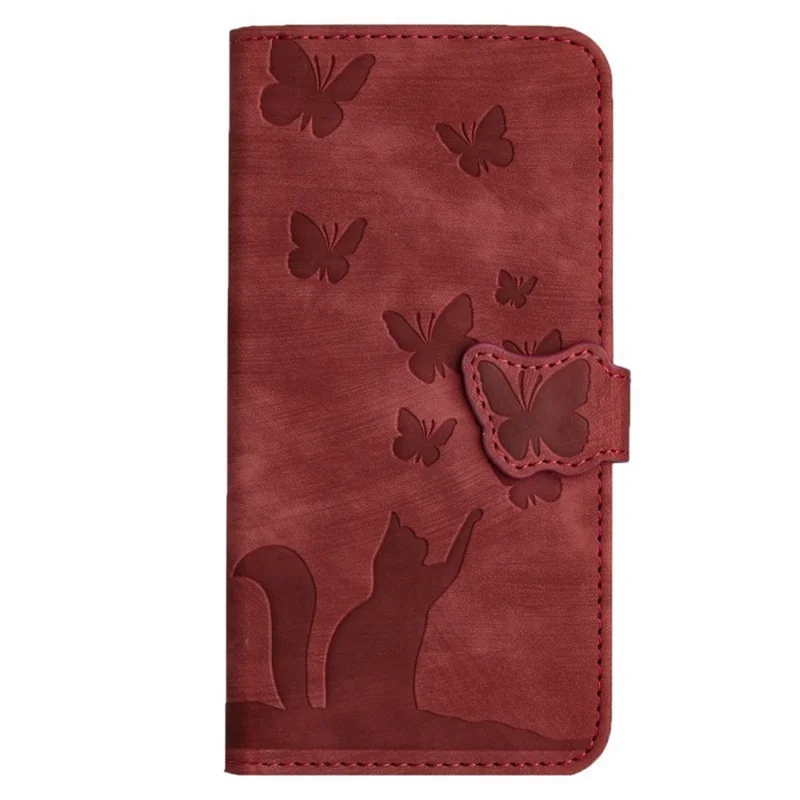 WANLONFENG HDM Series For iPhone 16 Pro Max Case Butterfly Cat Pattern Leather Flip Phone Cover - Wine Red