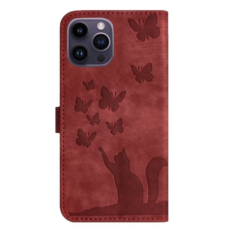 WANLONFENG HDM Series For iPhone 16 Pro Max Case Butterfly Cat Pattern Leather Flip Phone Cover - Wine Red