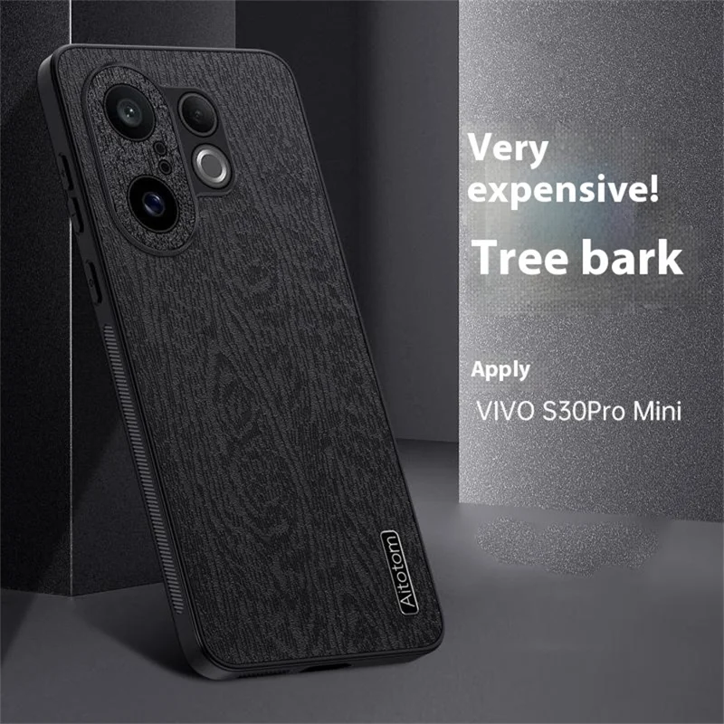 For vivo S30 Pro mini 5G Case Wood Texture PU Leather Coated PC TPU Phone Cover - Black