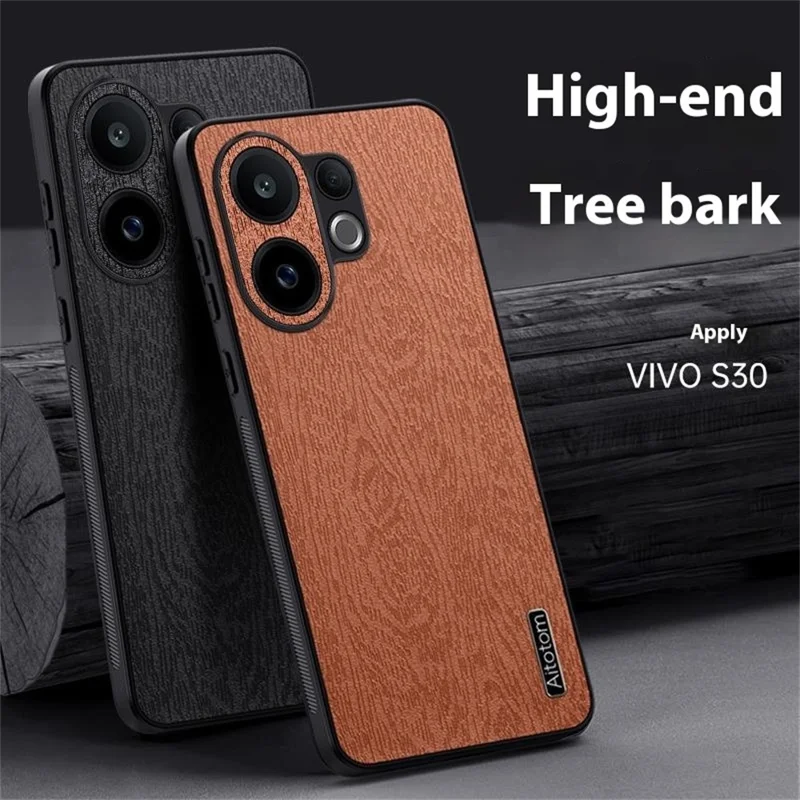 For vivo S30 5G Case Wood Texture PU Leather Coated PC TPU Phone Cover - Black