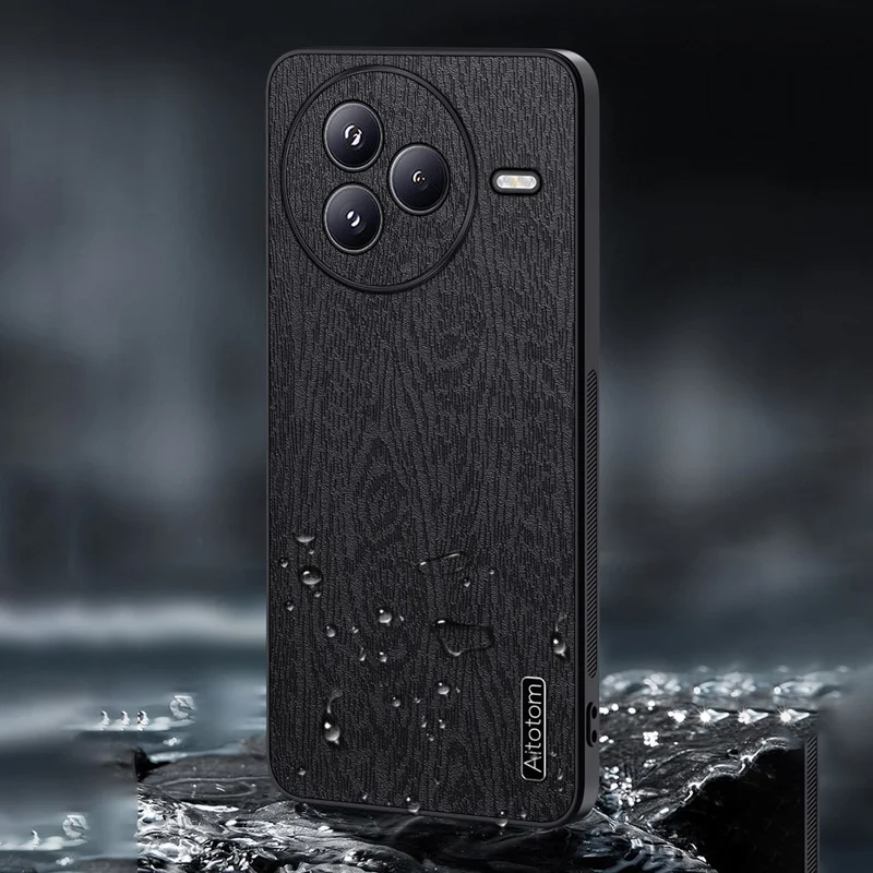 For Xiaomi Civi 5 Pro 5G Case Wood Texture PU Leather Coated PC TPU Phone Cover - Black