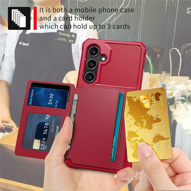 For Samsung Galaxy S24 FE Case with Card Holder PU Leather + TPU Phone Back Cover - Red