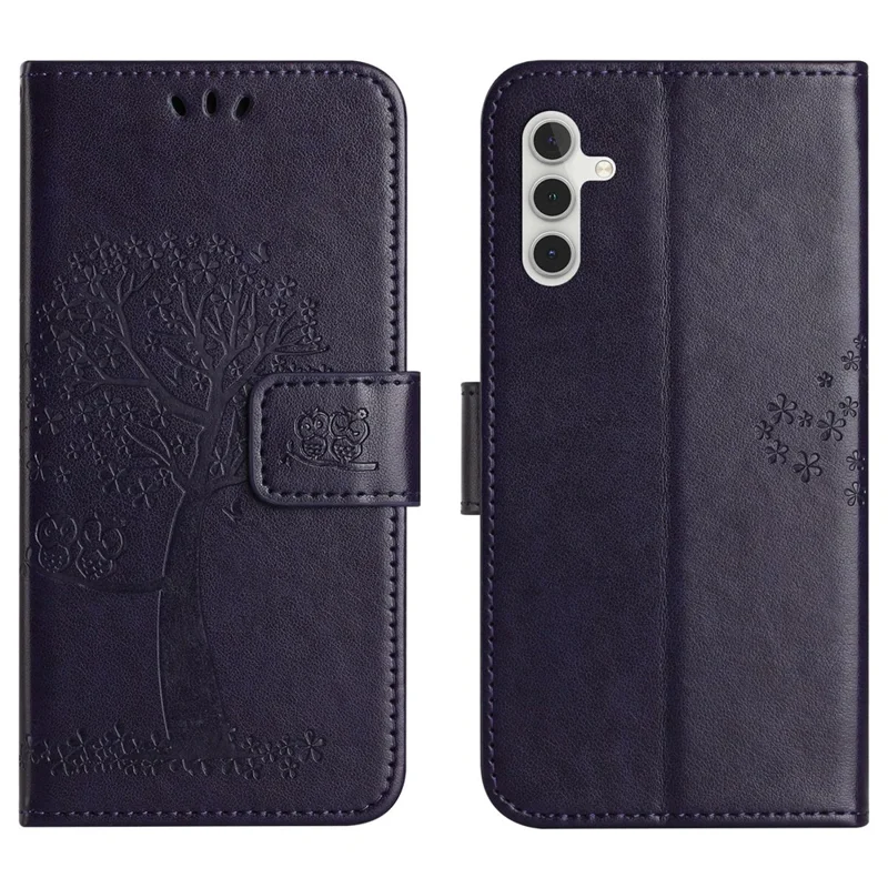 For Samsung Galaxy A56 5G / M56 5G Case PU Leather Owl Tree Imprinted Wallet Phone Cover with Strap - Dark Blue