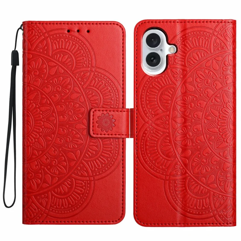 For iPhone 17 Leather Case with Strap / Card Slots Mandala Pattern Stand Phone Cover - Red