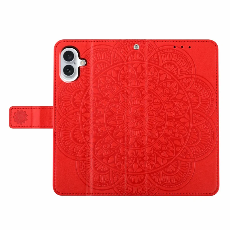 For iPhone 17 Leather Case with Strap / Card Slots Mandala Pattern Stand Phone Cover - Red