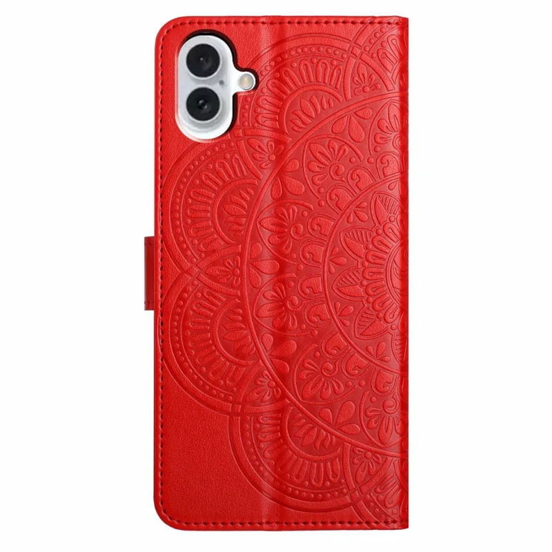 For iPhone 17 Leather Case with Strap / Card Slots Mandala Pattern Stand Phone Cover - Red