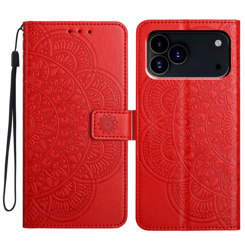 For iPhone 17 Pro Leather Case with Card Slots Mandala Pattern Phone Cover Stand - Red